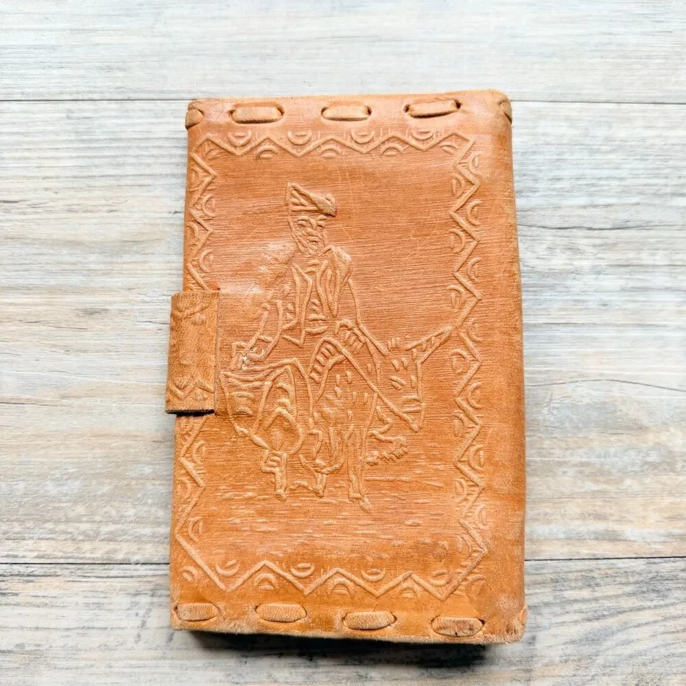 Vintage Tooled Leather Wallet Western Horse Cowboy Tan Bifold Snap Closure